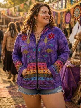 Rising International 3X Purple Tie Dye Embroidered Razor Cut Zip Hoodie  Nepal